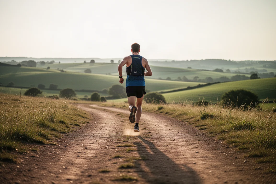 Trailrunner op een droog, aangedamd zandpad omringd door open landschap
