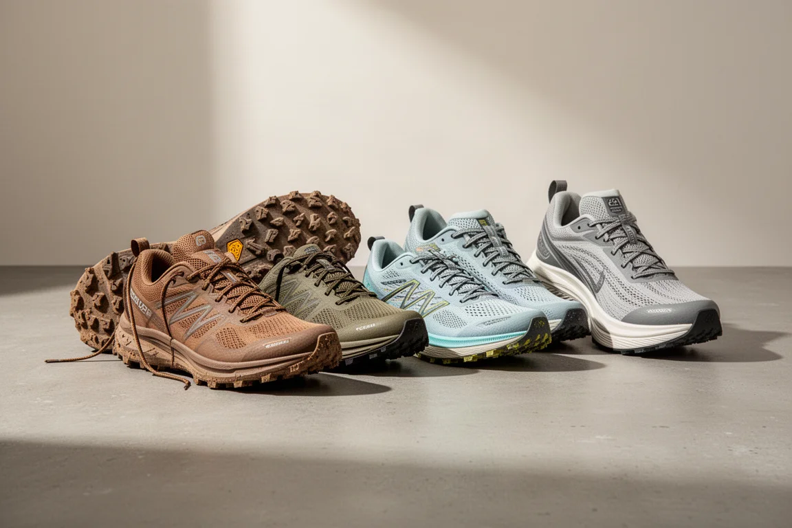 Fünf Straßen- und Trailrunningschuhe in einer Reihe auf einer Betonoberfläche
