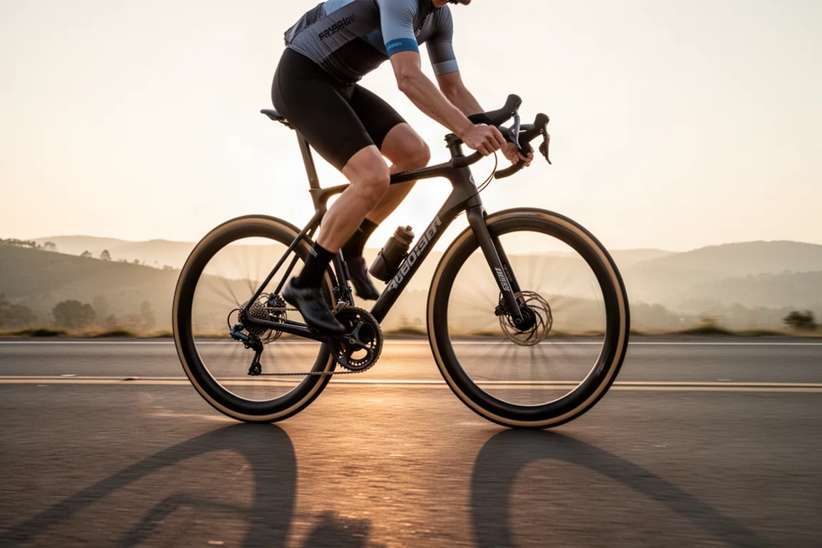 Wielrenner op tubeless racefiets op glad asfalt bij zonsopgang