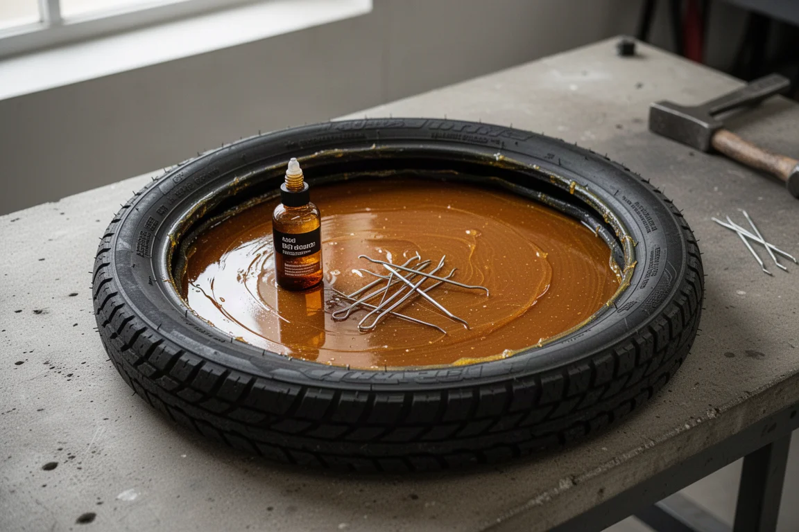 Binnenkant van racefietsband met amberkleurige sealant naast metalen priemen op werkbank