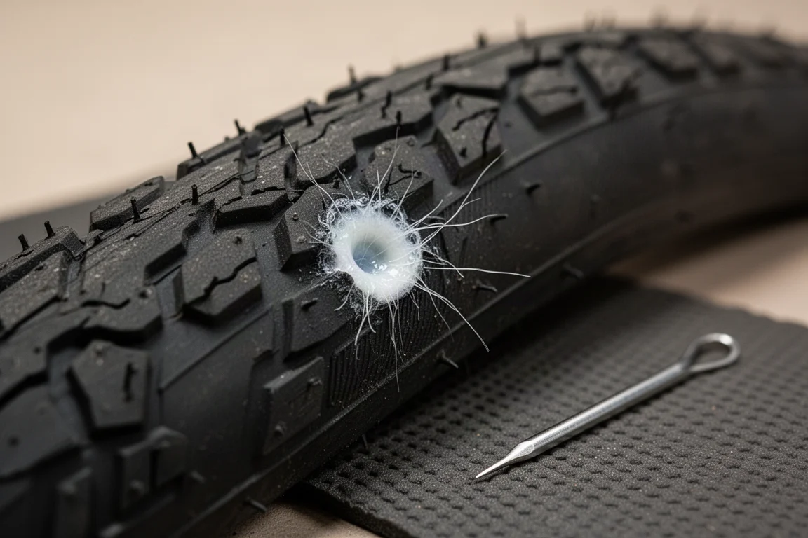 Close-up van lekke racefietsband waar witte sealant uit borrelt
