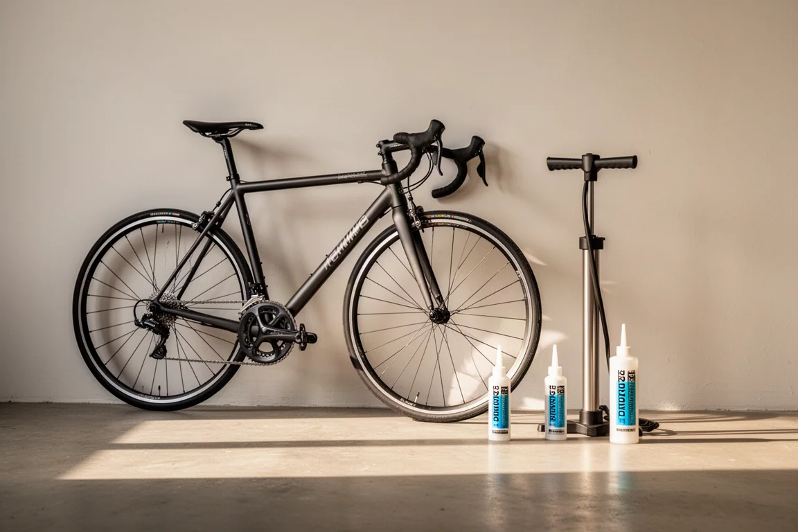 Racefiets tegen muur met pomp en flessen sealant op de vloer