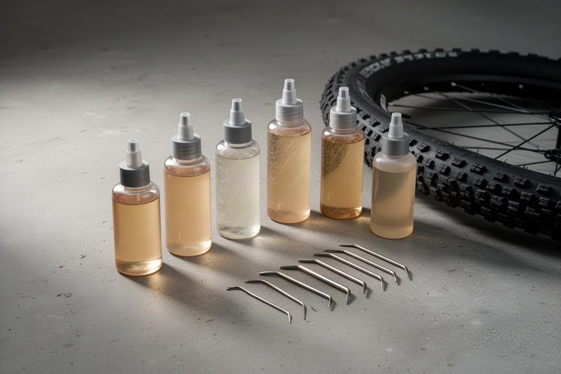 Six unbranded tubeless sealant bottles with road tire and metal picks on concrete