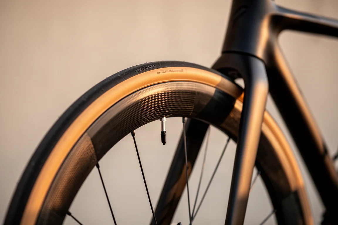 Close-up van een wegband met een warme beige zijwand op een diepe carbonvelg