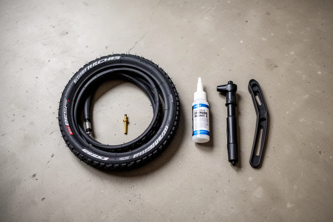 Platte compositie van bovenaf met tubeless wegband, ventielen, sealant en bandenlichters
