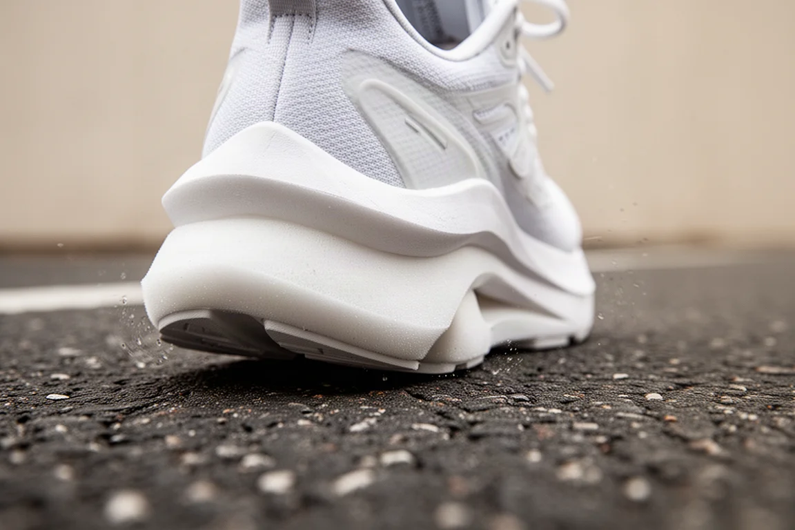 Close-up van een gedempte tussenzool van een hardloopschoen die op de weg indrukt
