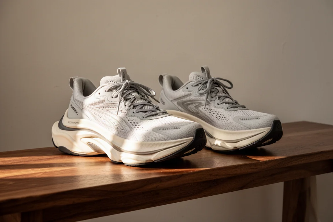 Maximaal gedempte hardloopschoenen op een houten bankje naast een wandelbord