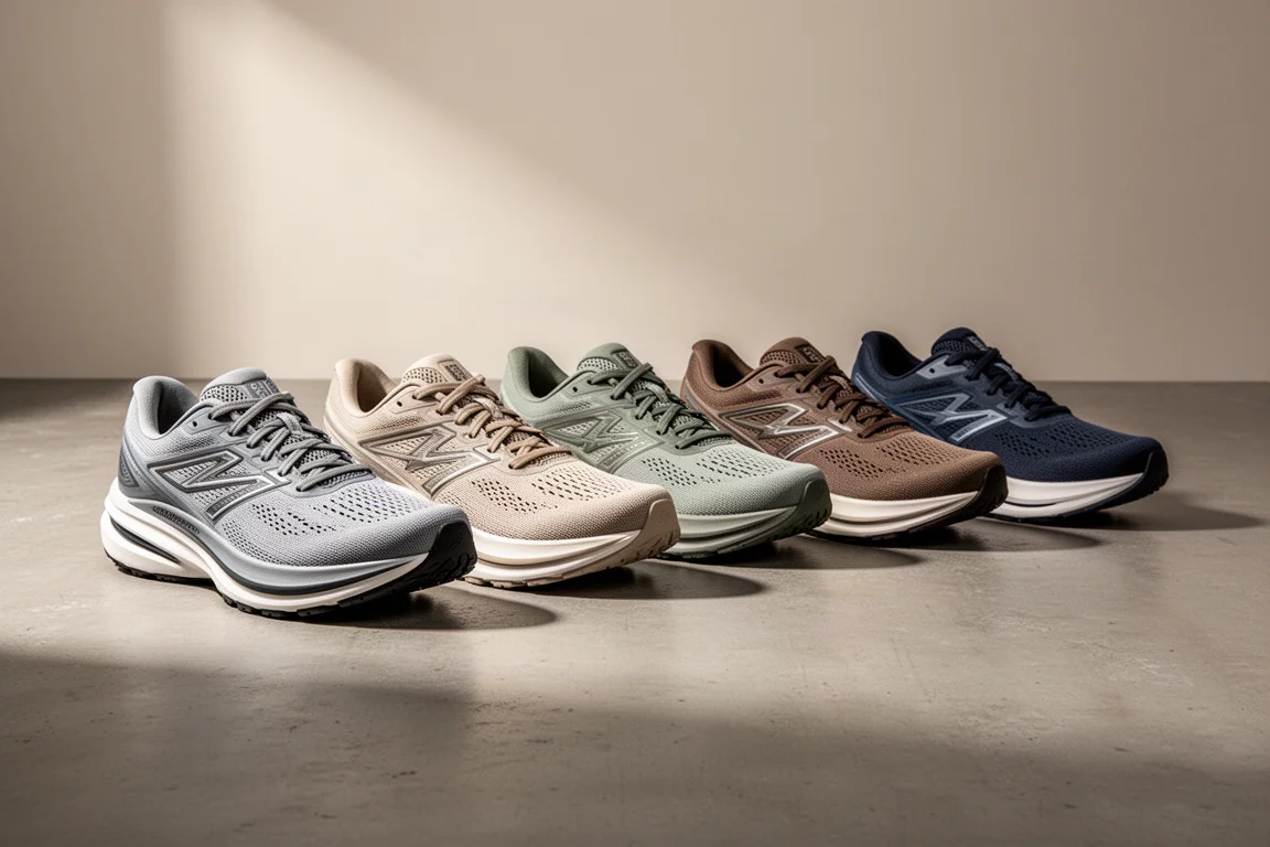 Seven cushioned road running shoes lined up on a concrete surface