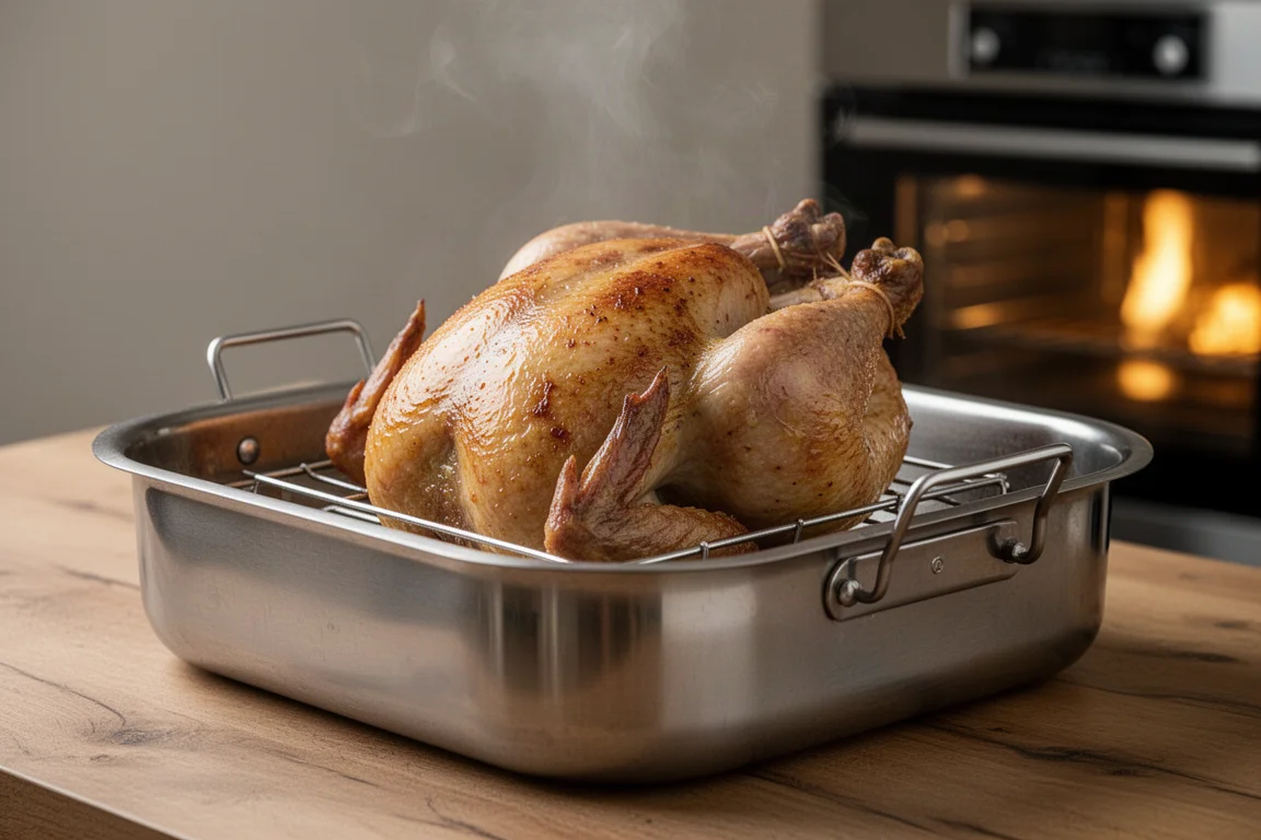Large roasted poultry resting on a roasting rack inside a stainless steel pan