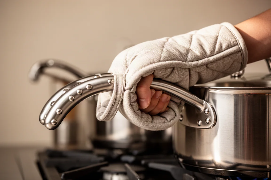 Stainless steel roasting pan with rack on a stovetop being lifted by sturdy handles