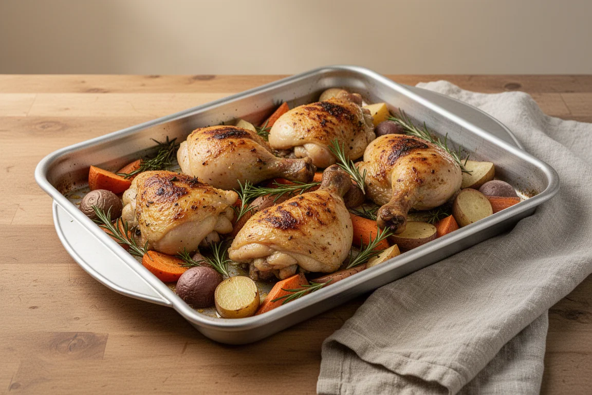 Aluminum half sheet pan holding roasted chicken pieces and vegetables fresh from the oven