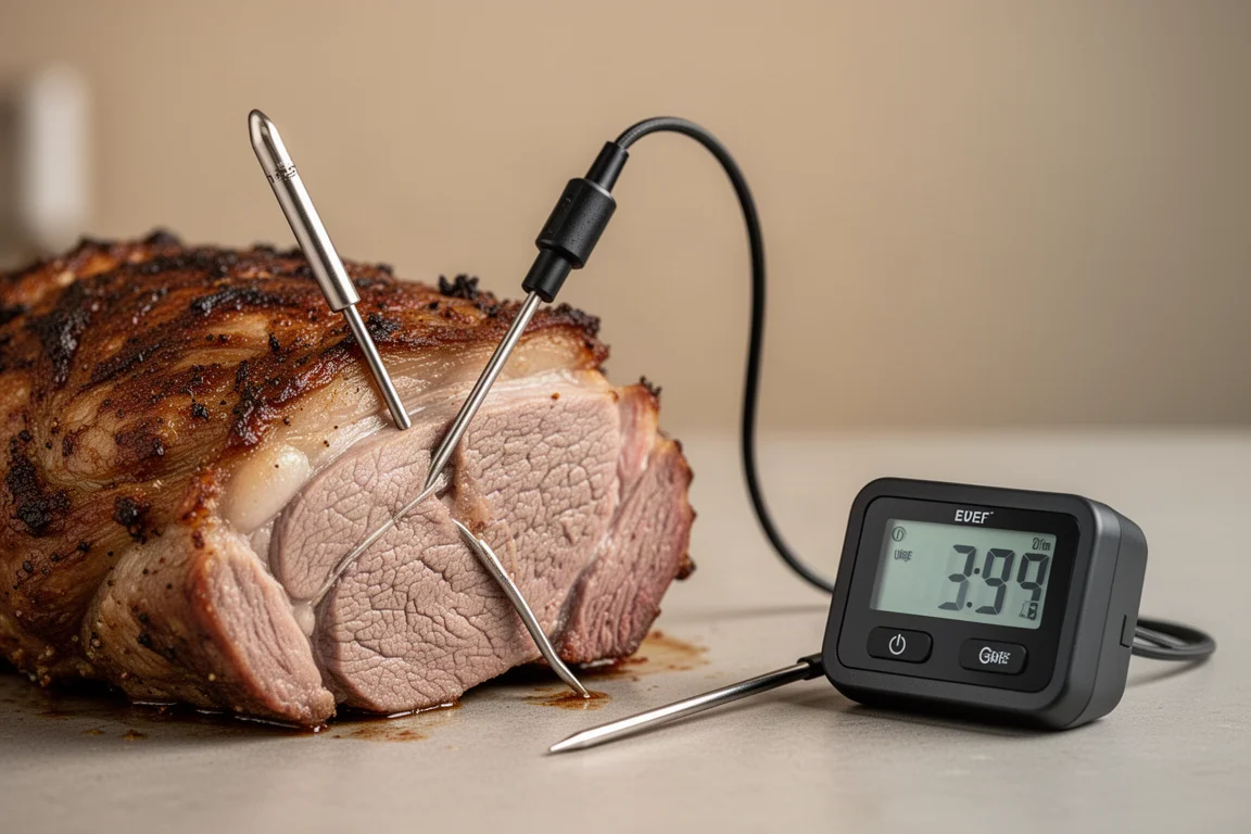 Digital probe thermometer with wired sensor reading the internal temperature of a roast