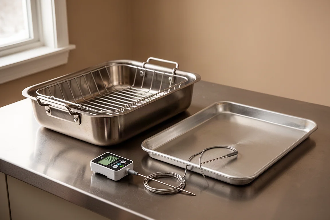 Stainless steel roasting pan, aluminum half sheet pan, and probe thermometer on a countertop