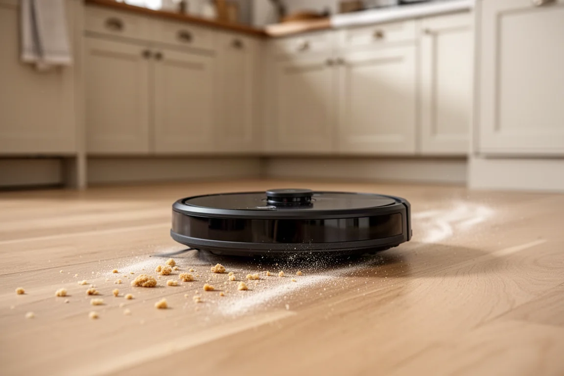 Robot aspirateur nettoyant des miettes sur le sol d'une cuisine après la préparation d'un repas