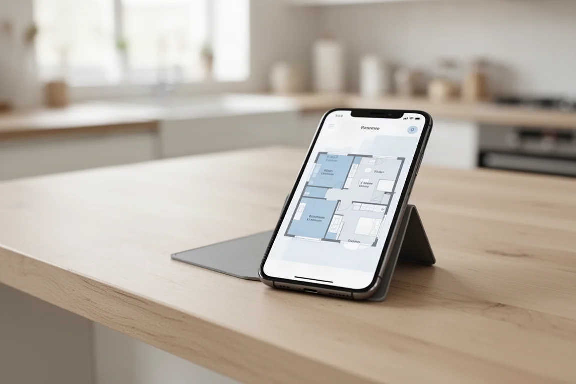 Écran d'application smartphone affichant le plan d'étage d'une maison cartographié pour un robot aspirateur