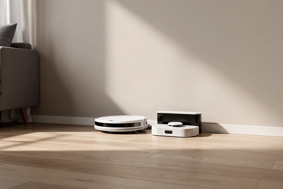 Robot aspirateur compact et abordable en charge sur sa station dans un salon bien rangé