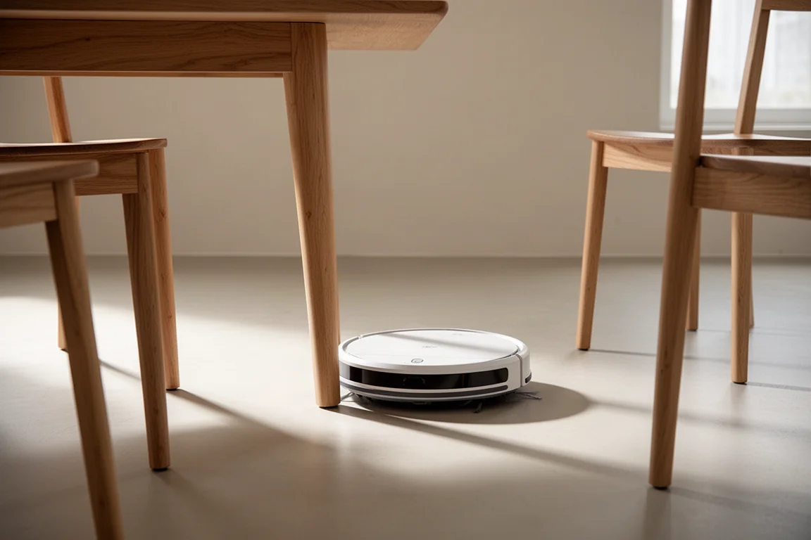 Robot aspirateur contournant le pied d'une table à manger sur un sol dur