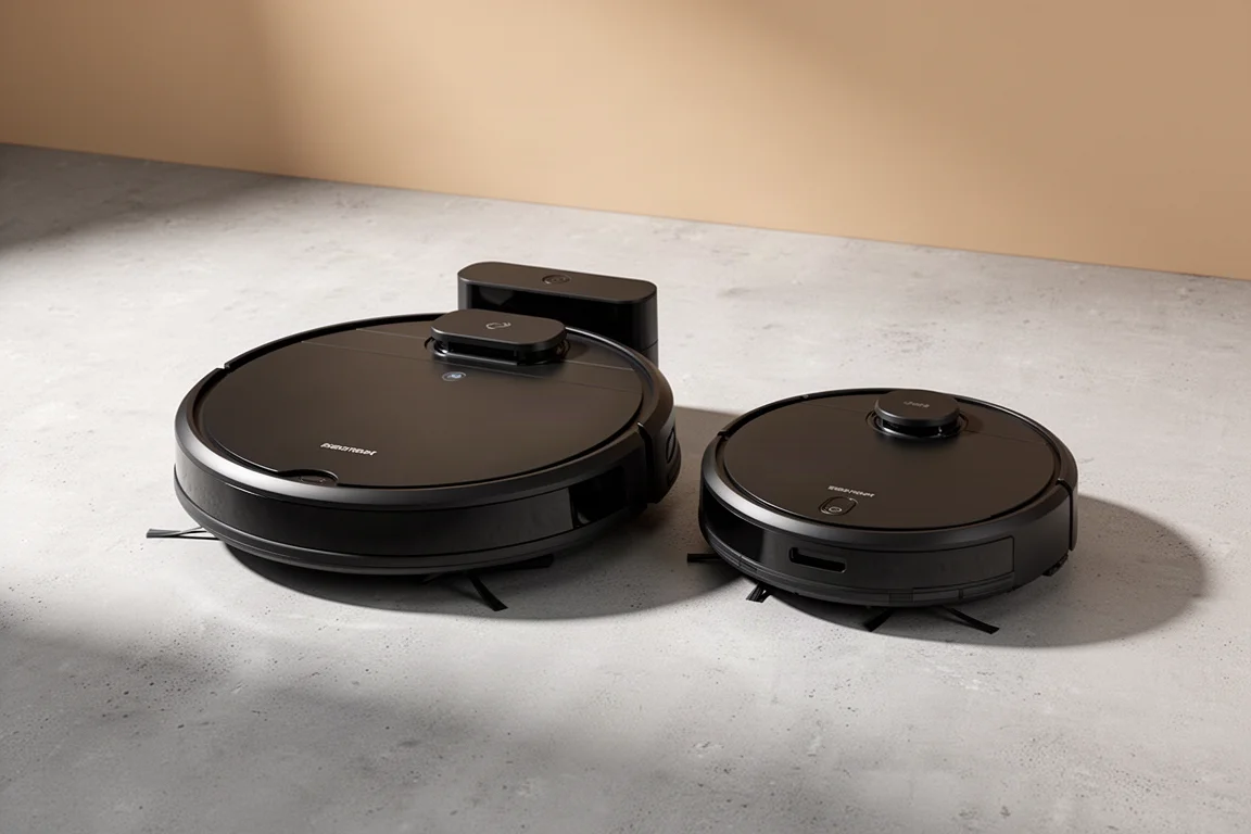 Two black robot vacuums side by side on a grey concrete surface