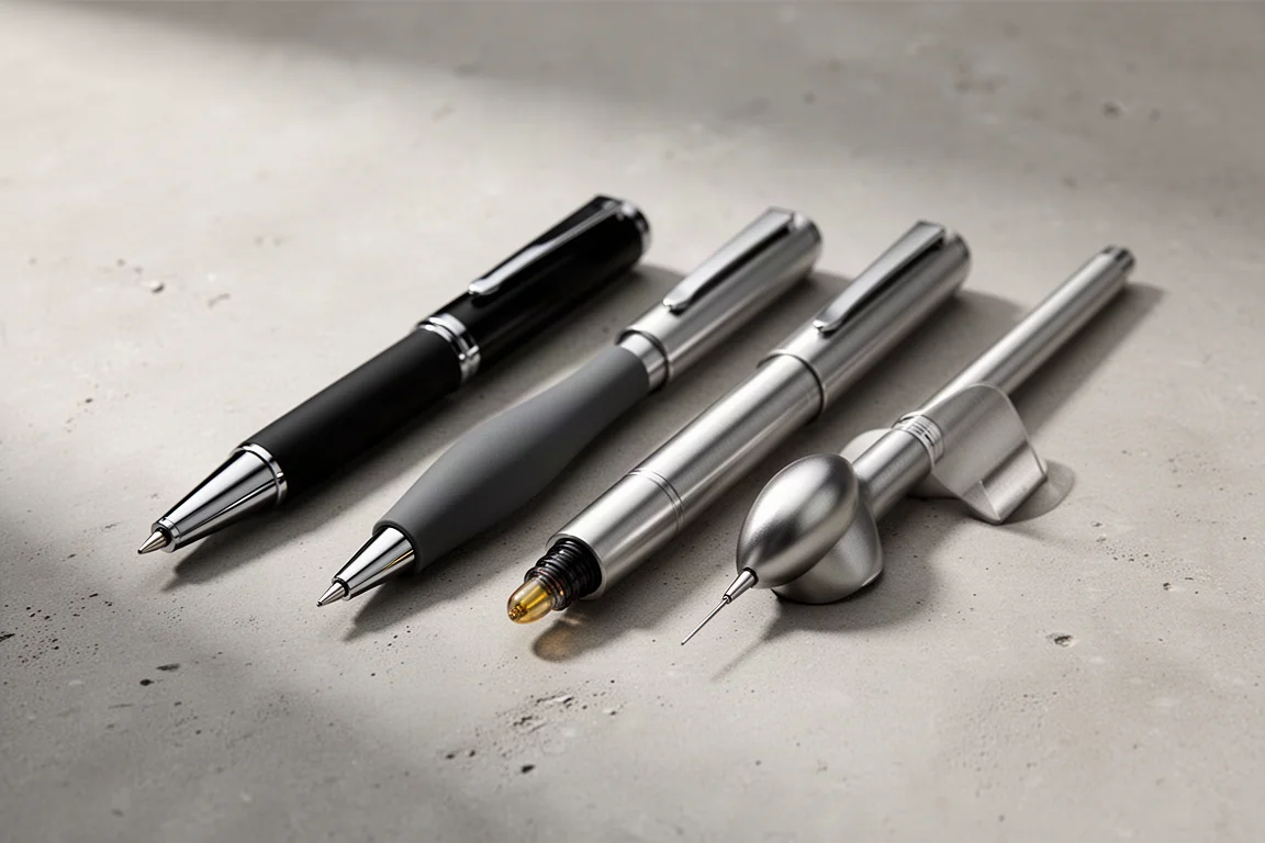 Five rollerball pens with varied tips and body styles lined up on a concrete surface