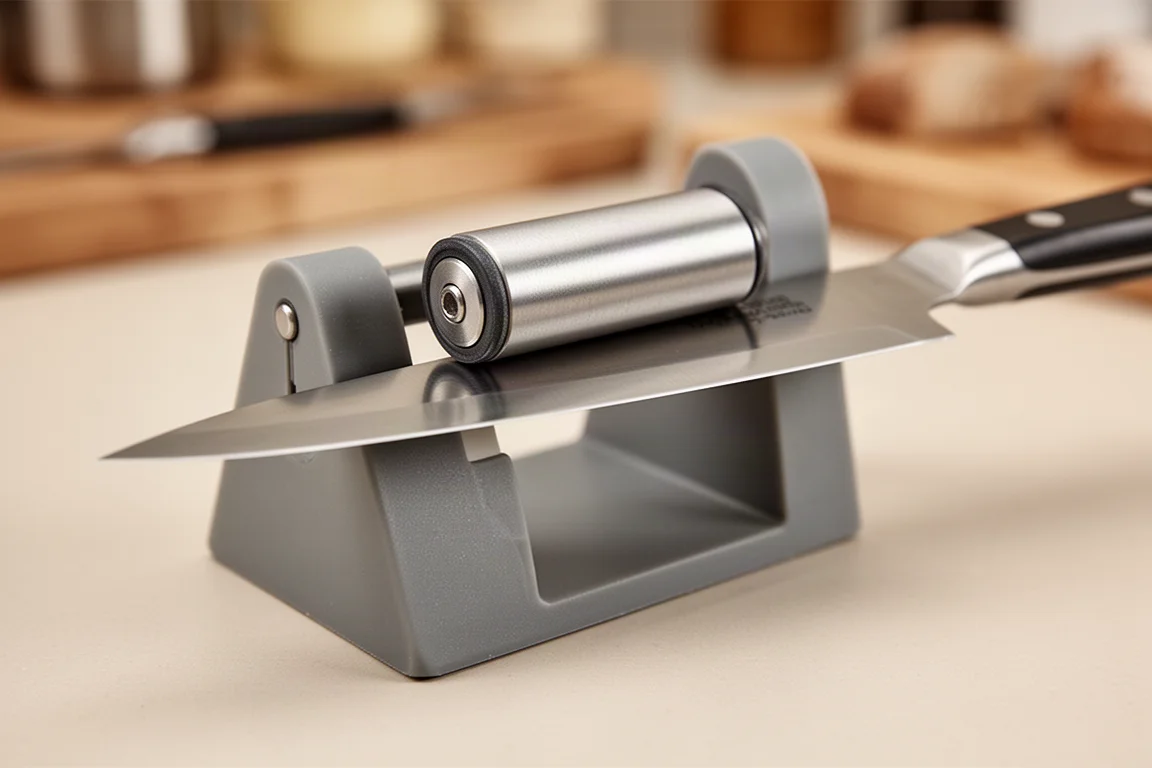 Chef's knife held at a consistent angle on a magnetic rolling sharpener