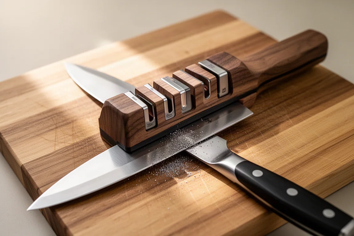 Rolling sharpener gliding along a knife blade on a wooden cutting board