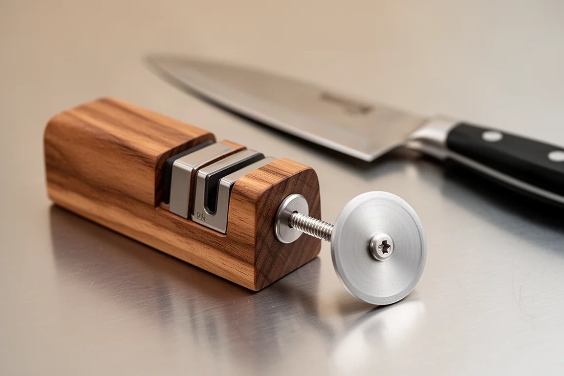 Wooden rolling sharpener with interchangeable discs beside a chef's knife