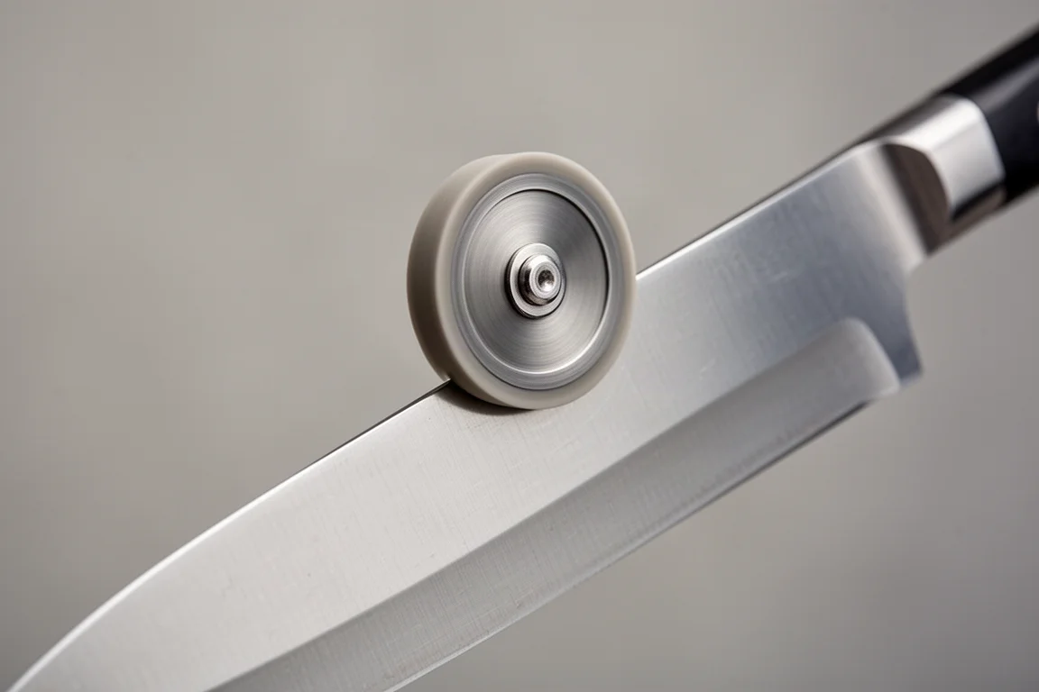 Sharpener disc meeting the tip of a wide chef's knife blade