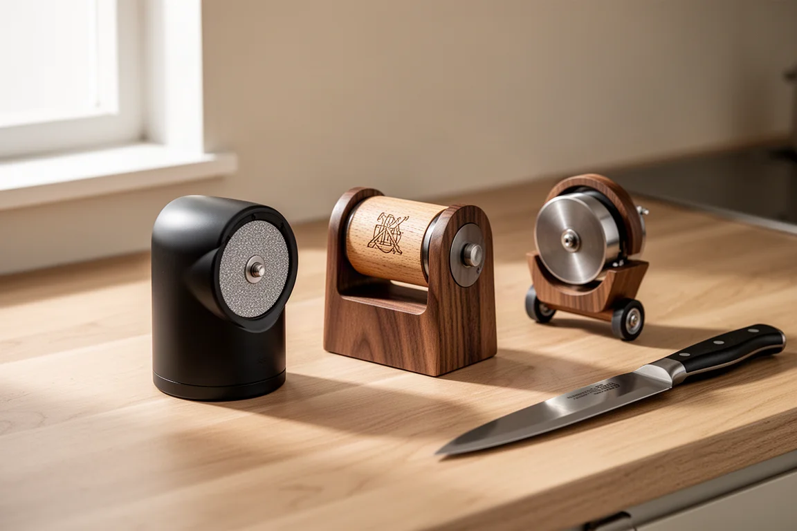 Three rolling knife sharpeners lined up on a kitchen countertop beside a chef's knife