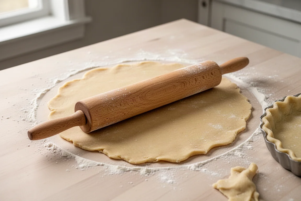 Panadero estirando masa de empanada sobre una encimera de madera enharinada