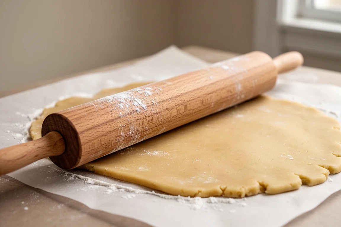 Cilindro de madera recto reposando junto a una lámina de masa de galletas estirada
