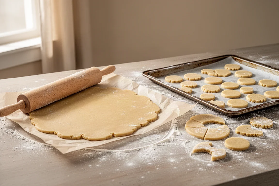Escena de repostería casera con masa estirada, galletas cortadas y una rejilla de enfriamiento al lado