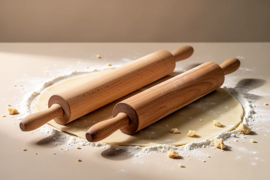 A straight wooden rolling dowel and a tapered French rolling pin on a floured pastry surface