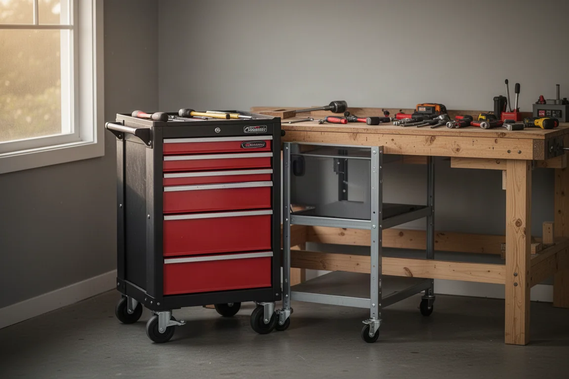Petit chariot à outils roulant à quatre tiroirs garé à côté d'un établi de garage