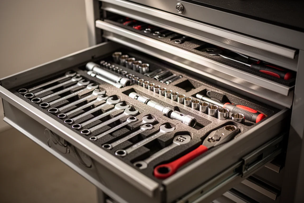 Tiroirs de caisson à outils ouverts et organisés avec clés et douilles