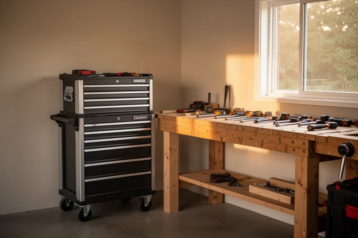 Compact rolling tool cabinet positioned beside a workbench in a home garage