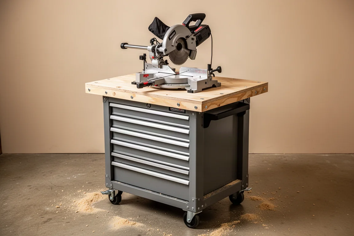Rolling cabinet being used as a tool stand for a benchtop miter saw