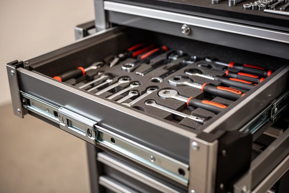 Heavy-duty rolling tool cabinet fully loaded with hand tools in open drawers