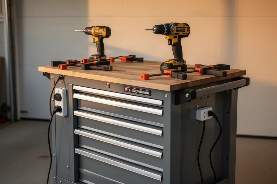 Rolling cabinet with wood top set up as a portable workstation with power strip