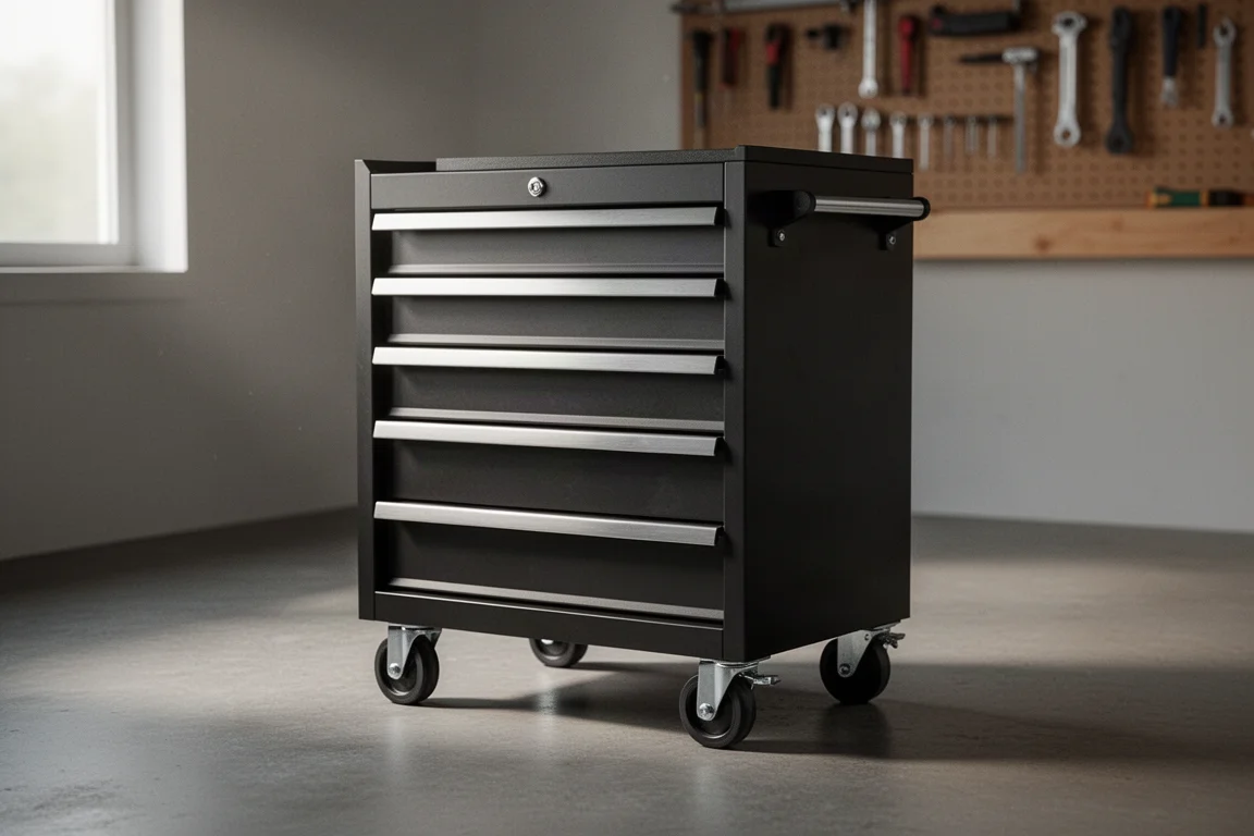 Compact black rolling tool cabinet with five drawers on a concrete workshop floor