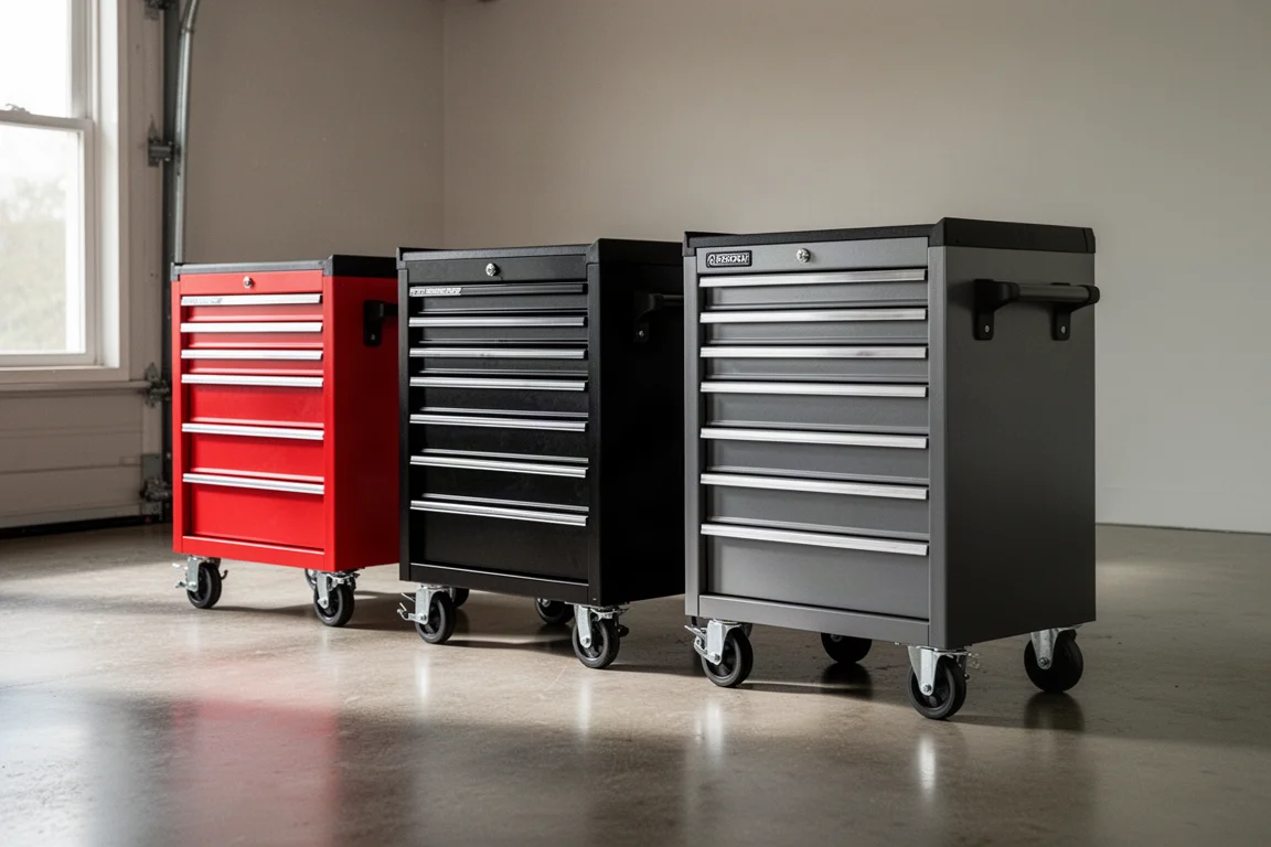 Three rolling tool cabinets in red, black, and grey lined up on a garage floor