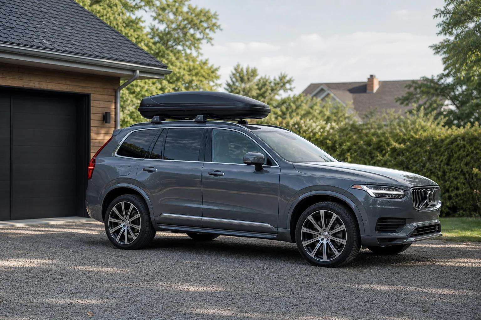 Family car with rooftop cargo box mounted and ready for travel