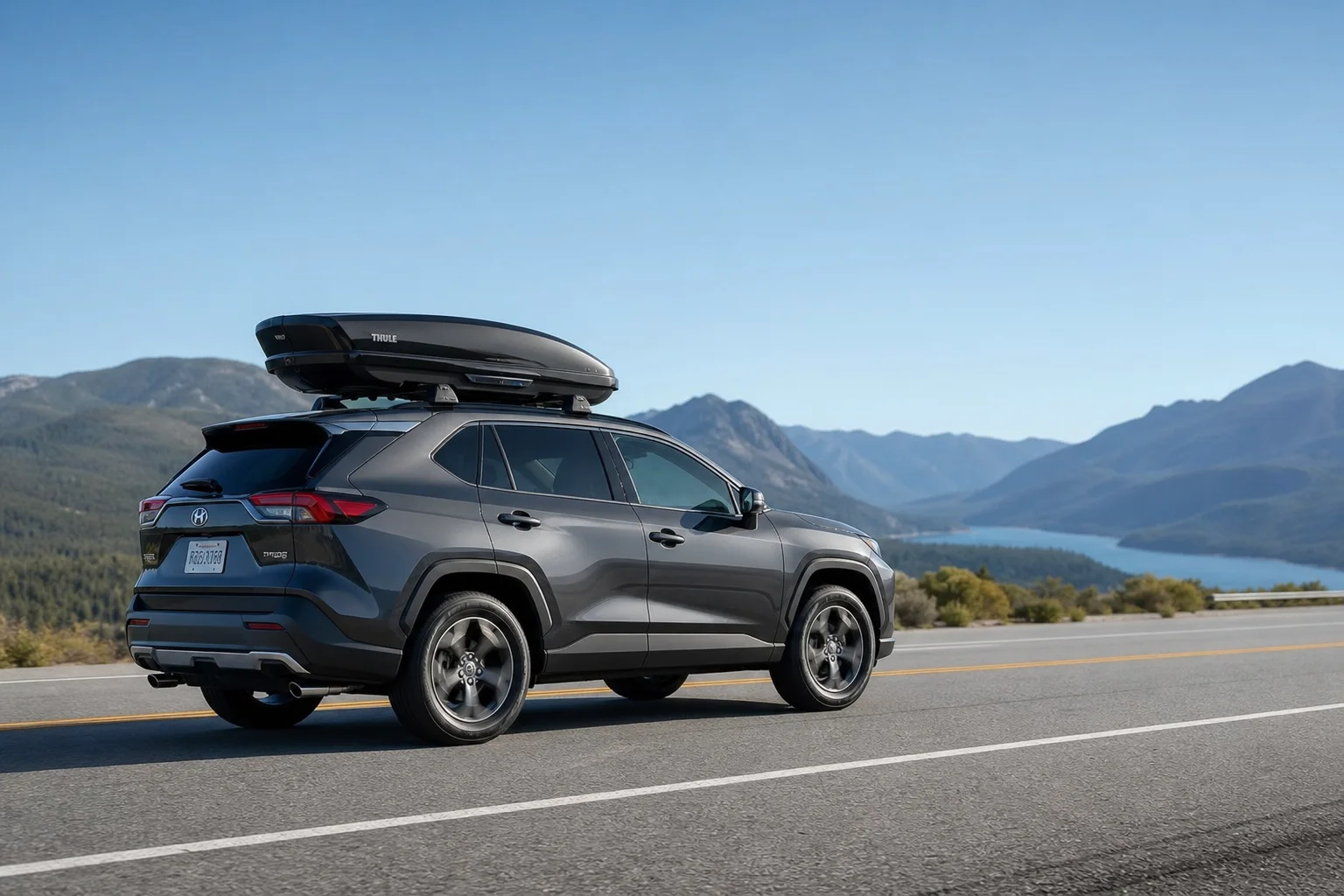 Vehicle on highway with rooftop cargo box during daytime travel