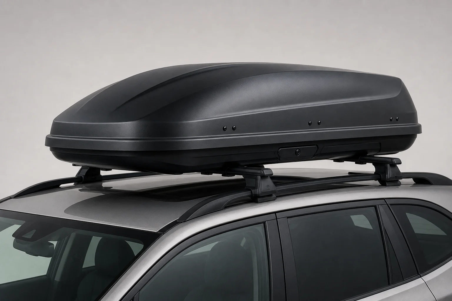 Rooftop cargo box mounted on vehicle roof rack with aerodynamic design
