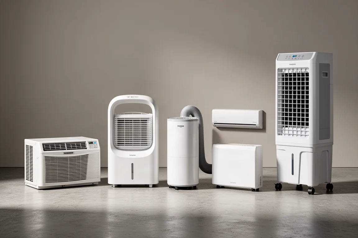 Lineup of window, portable, mini split, and evaporative cooling units on a concrete floor