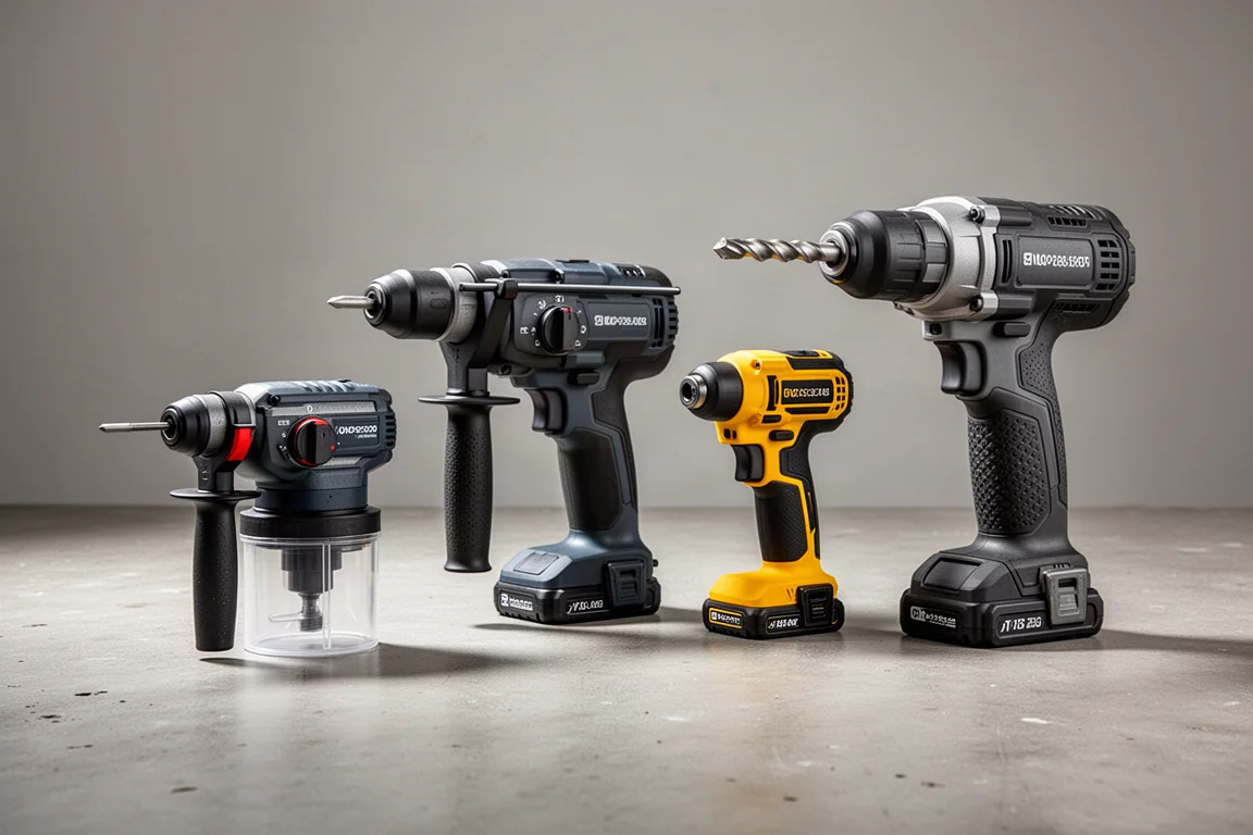 Four cordless rotary hammers arranged on a concrete workshop surface