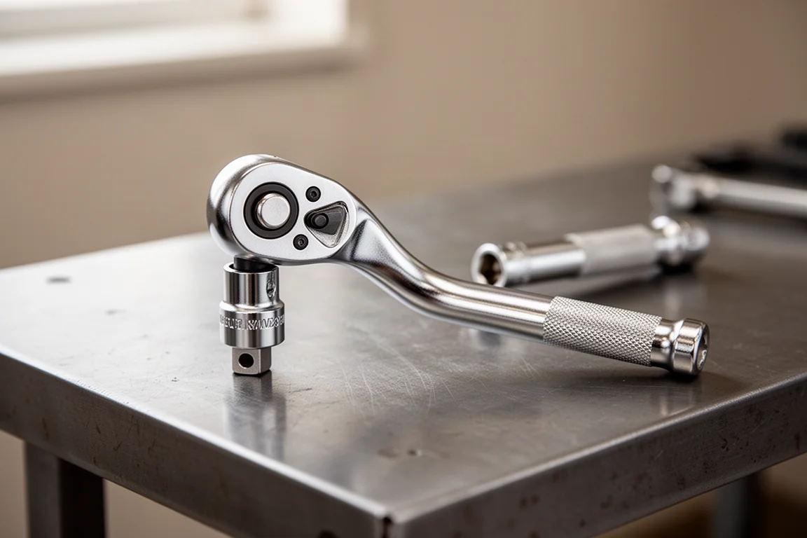 Close-up of a rotating ratchet head swivelled to a 90 degree angle with a socket attached