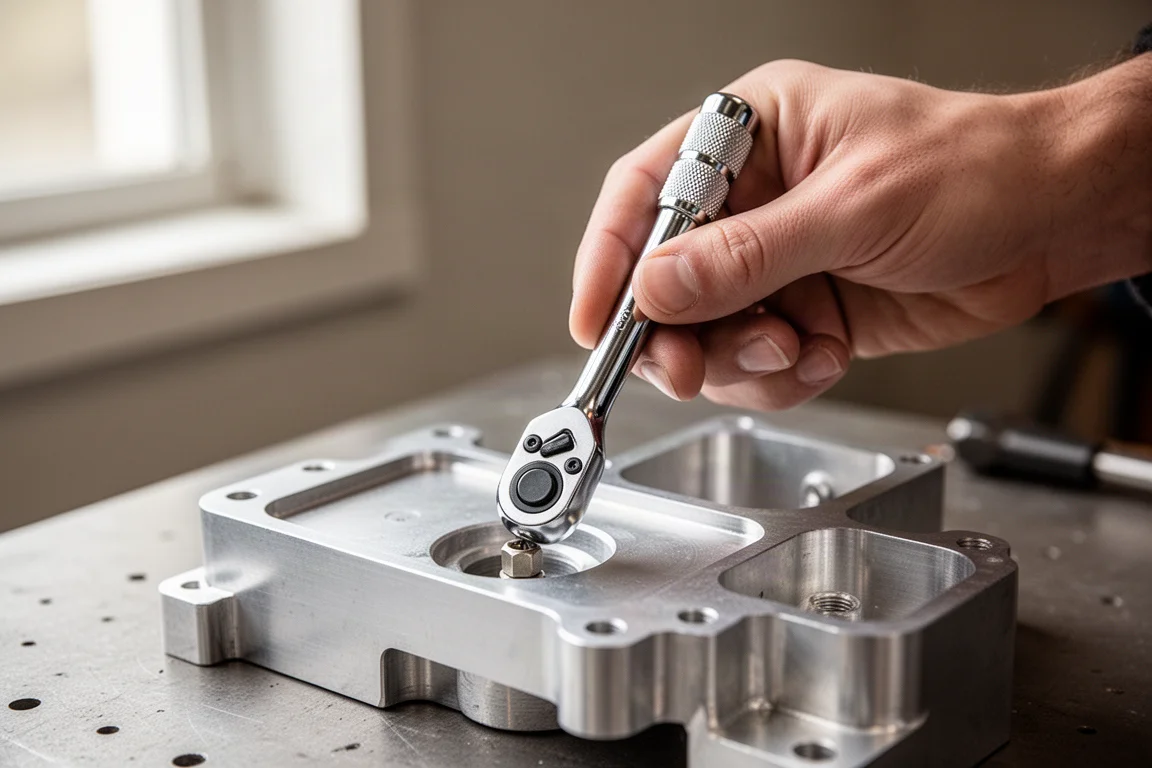 Mechanic's hand using a compact ratchet like a screwdriver to start a fastener in a tight spot