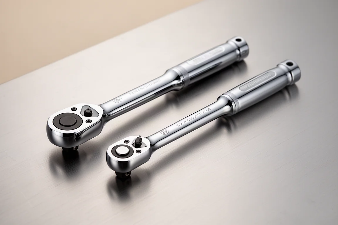 Two polished chrome ratchets of different sizes lying side by side on a brushed metal surface