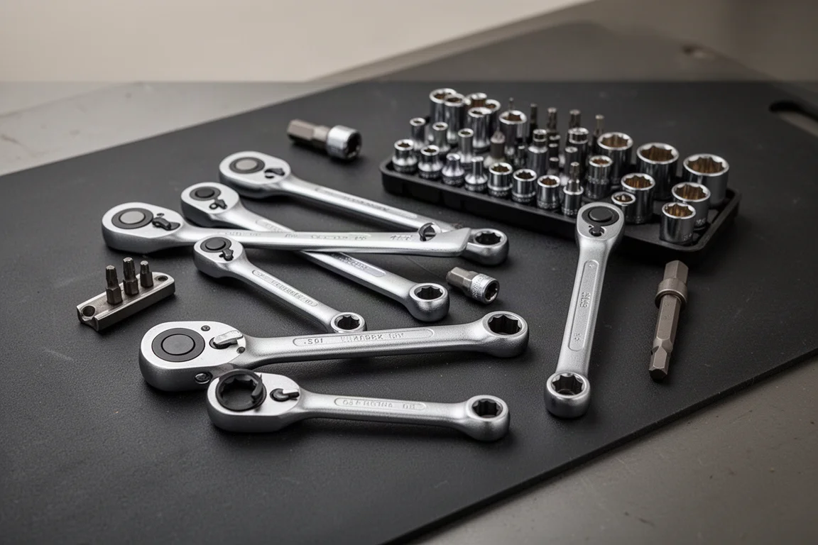 Flat-lay of assorted ratchets, sockets, and bit adapters arranged on a dark workbench