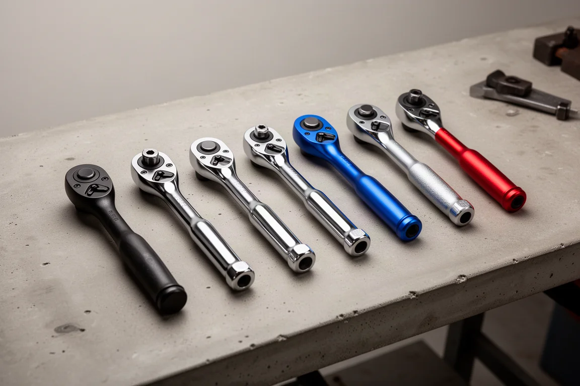 Eight roto head ratchets in various finishes arranged in a row on a concrete workbench